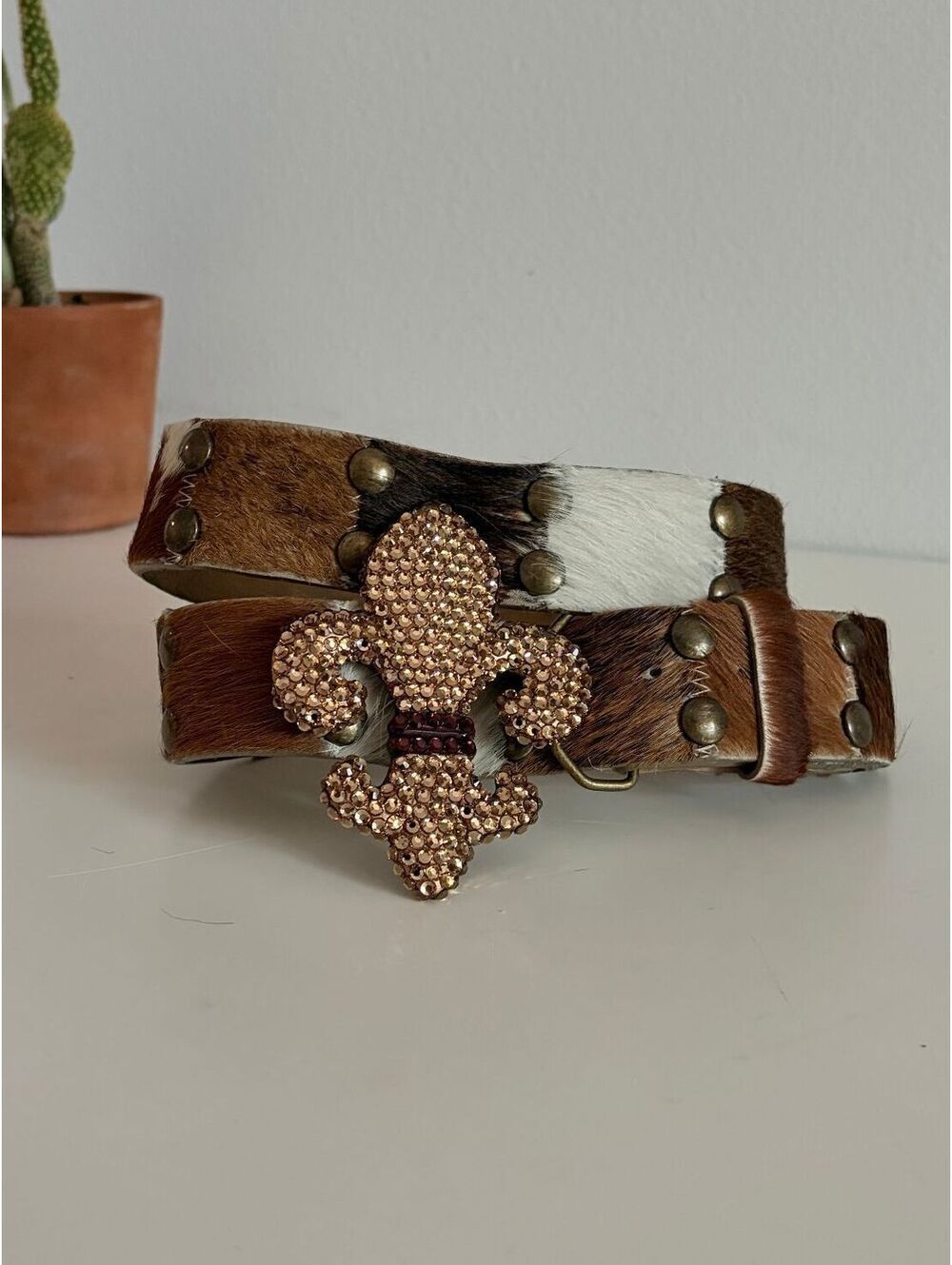 Vintage Western Belt Calf Hair Leather Fleur-de-Lis Buckle Bridget Shuster 38"